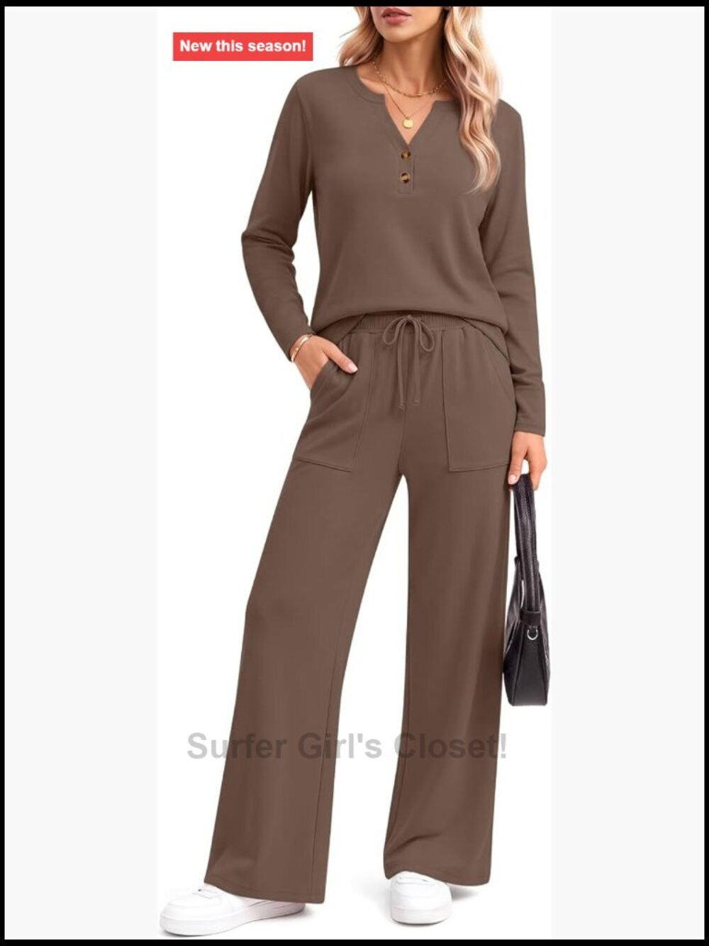 Women 2-Piece Lounge Set V-Neck Henley Top Wide Leg Pants Travel Outfit